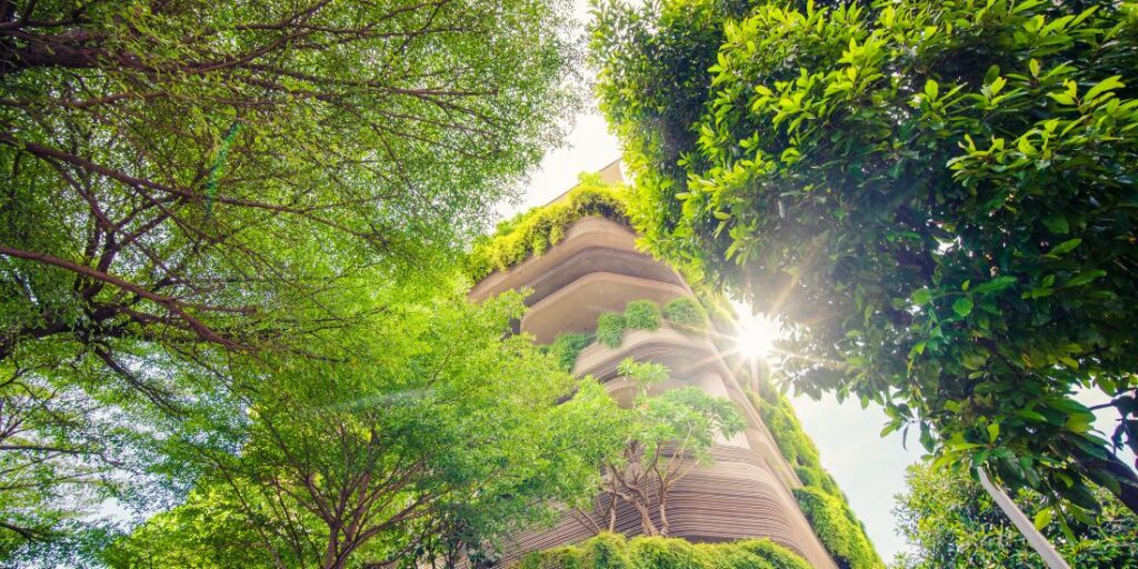Nachhaltig auf Reisen 10 Begrüntes Gebäude umgeben von Bäumen und Sonnenlicht